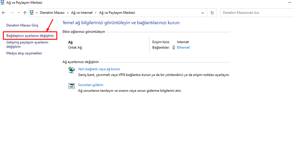4. Bağdaştırıcı ayarlarını değiştir seçeneğine tıklayın.
